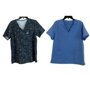 Lot of 2 Figs‎ Scrub Tops Womens Size Large Celi Blue and Black Green Gray Camo